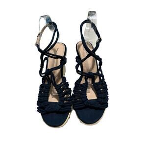 Loft Suede Cross Ankle Espadrille Wedge Sandals Size 10.5 Black Strappy Heels